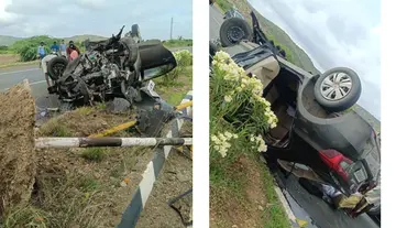 Car hits divider and overturns – five people injured