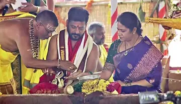 CM Revanth Reddy and his wife at the Varuna Yagam.