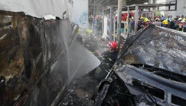 train collision that sparks bus fire in Thailand