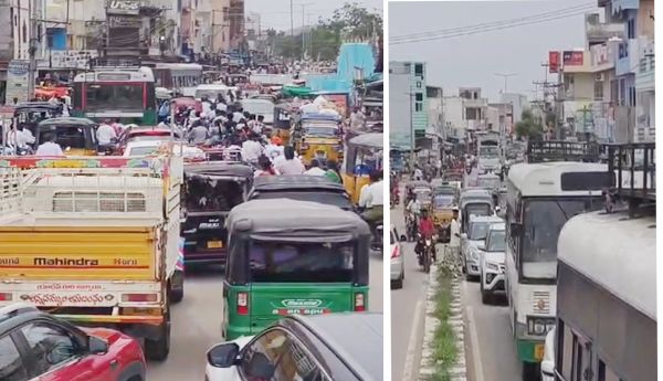 Traffic chaos in Narpala... auto-rickshaws and private vehicles blocking the road.