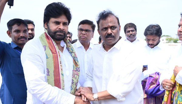 Grand welcome for Deputy CM Pawan Kalyan at Renigunta Airport.