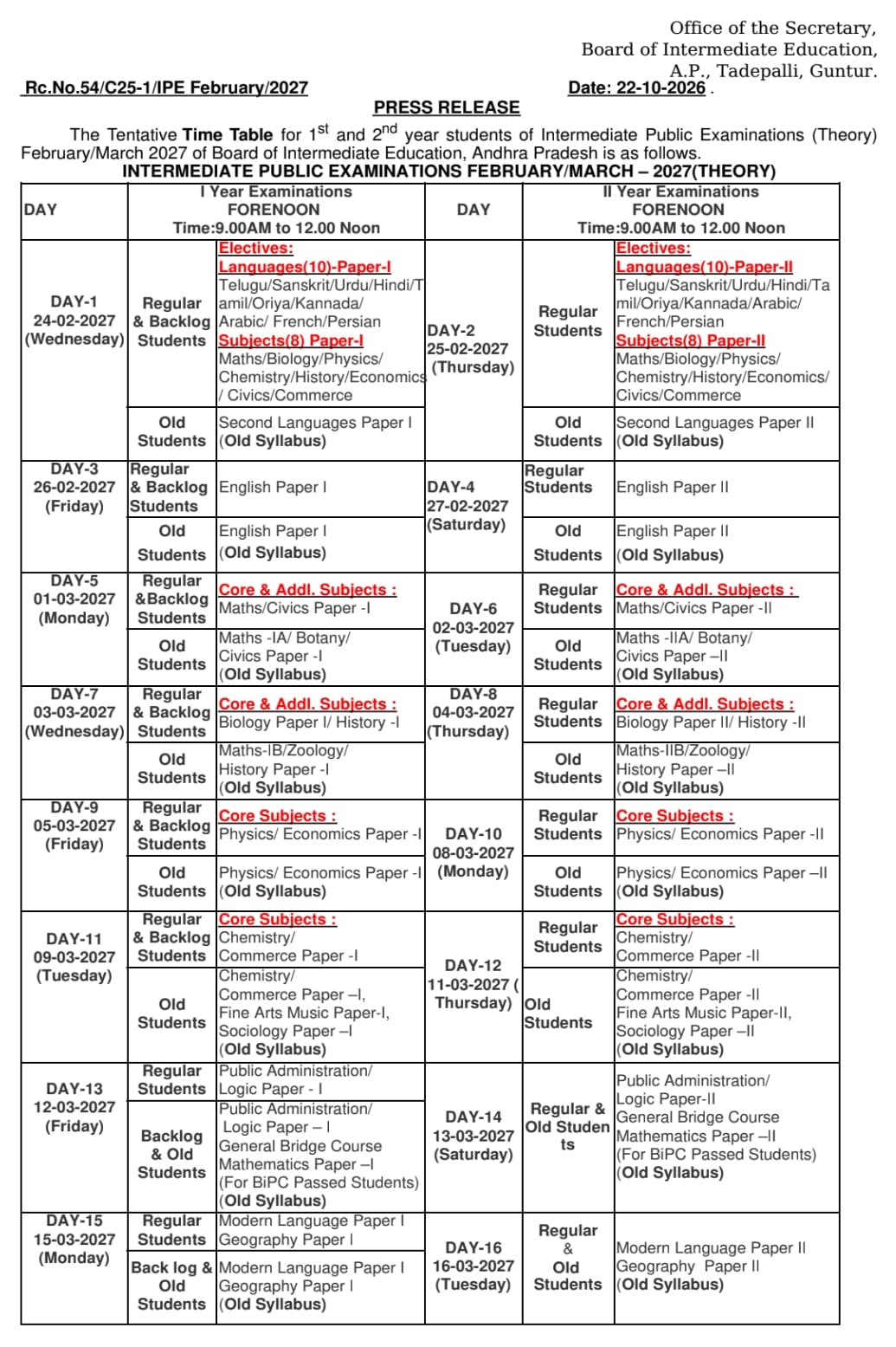 time table
