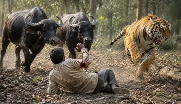 Tiger's Pounce... Buffaloes Save Their Herdsman!