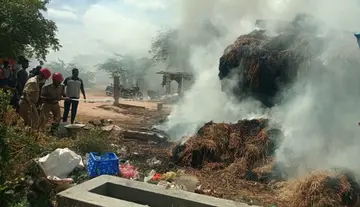 Tractor carrying paddy straw gutted by fire due to short circuit.